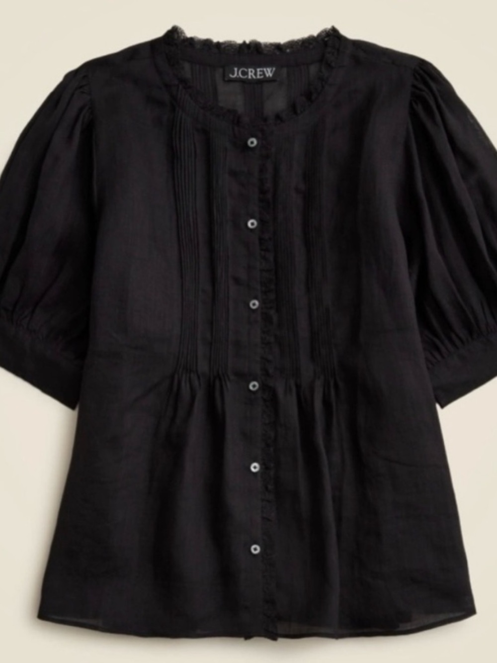J.Crew Black Pintuck Button-Front Short Sleeve Top ramie xxs new no cami
